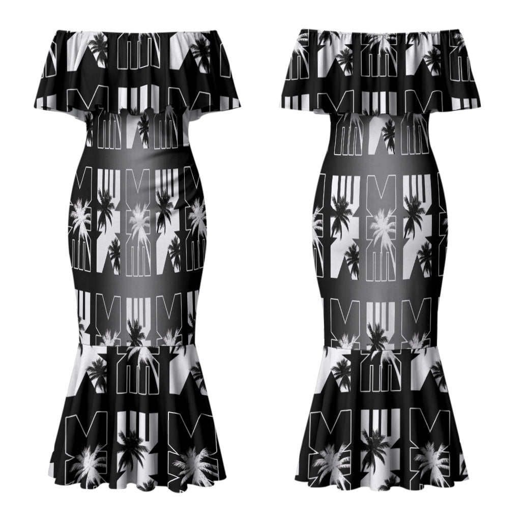 Bula Fiji Couples Matching Mermaid Dress and Hawaiian Shirt Black Makare Masi Tapa Pattern LT05 - Polynesian Pride