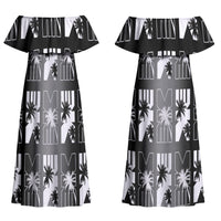 Bula Fiji Couples Matching Off Shoulder Maxi Dress and Long Sleeve Button Shirt Black Makare Masi Tapa Pattern LT05 - Polynesian Pride