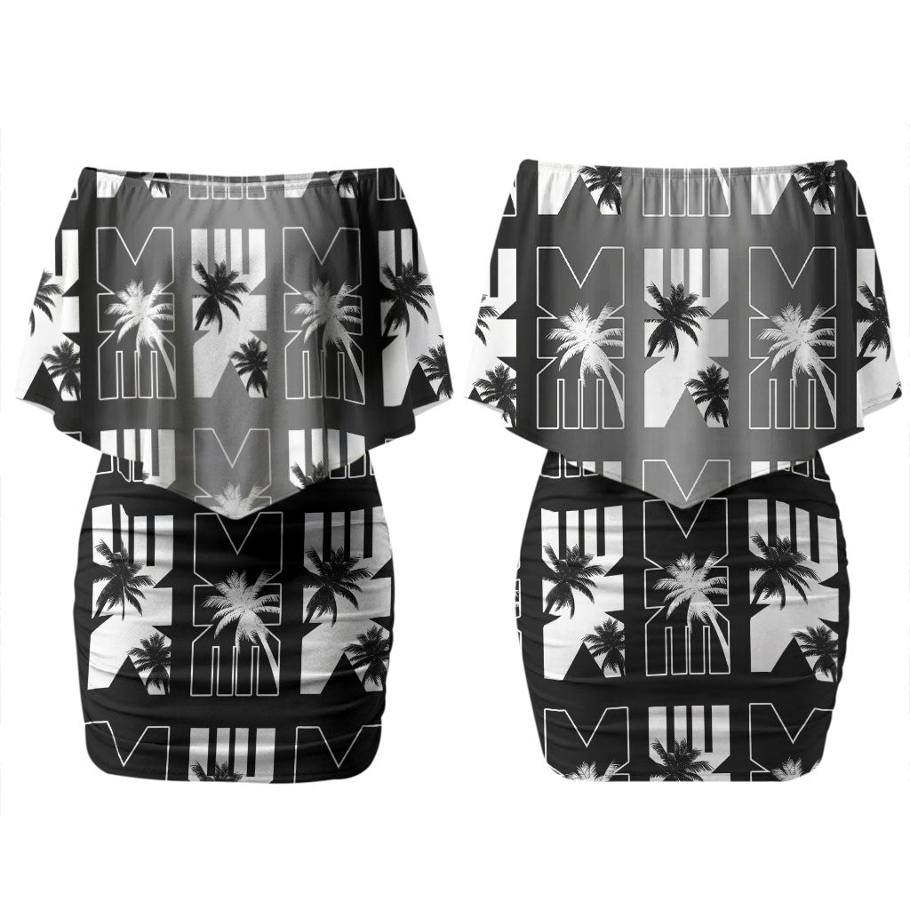 Bula Fiji Couples Matching Off Shoulder Short Dress and Hawaiian Shirt Black Makare Masi Tapa Pattern LT05 - Polynesian Pride