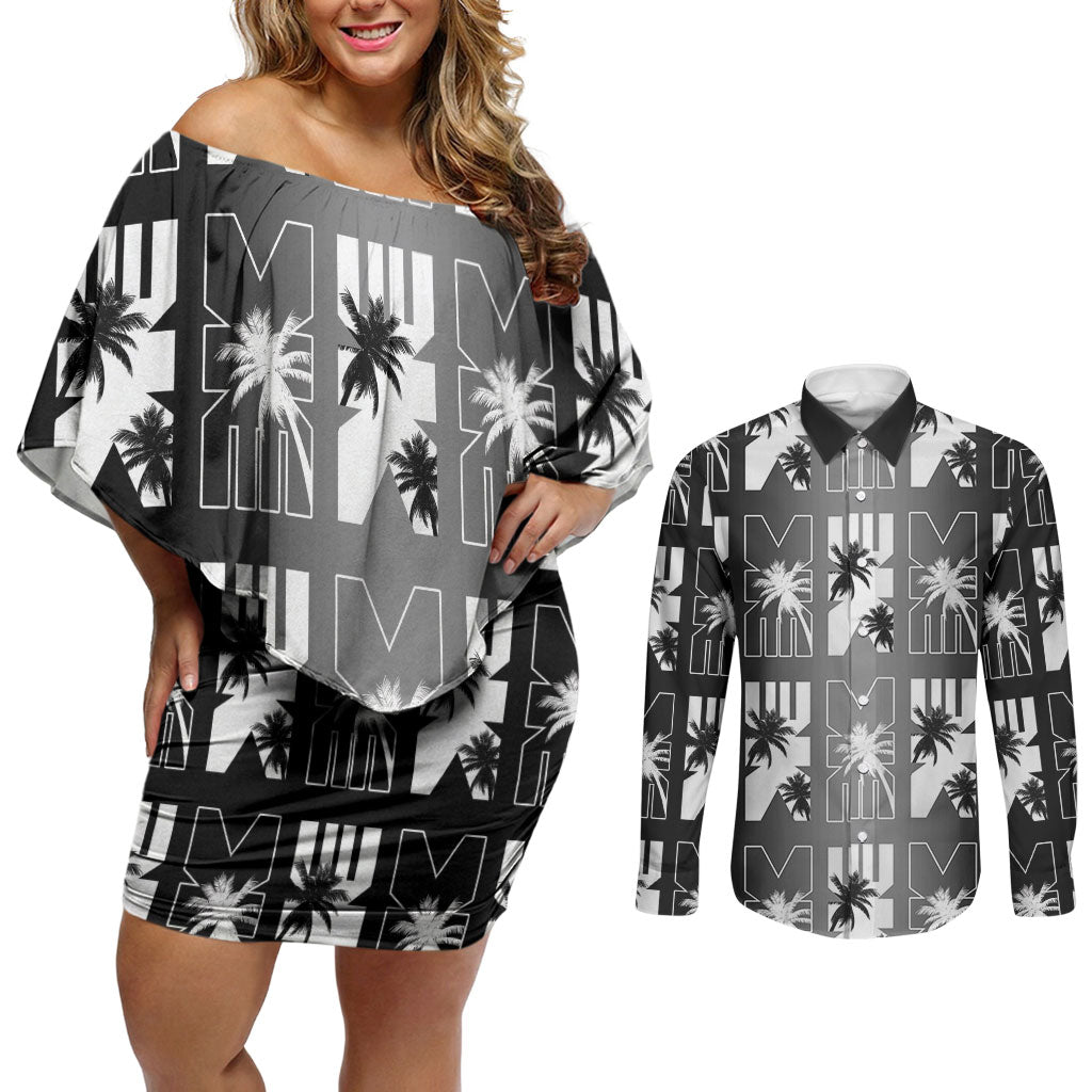 Bula Fiji Couples Matching Off Shoulder Short Dress and Long Sleeve Button Shirt Black Makare Masi Tapa Pattern LT05 Black - Polynesian Pride