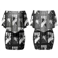 Bula Fiji Couples Matching Off Shoulder Short Dress and Long Sleeve Button Shirt Black Makare Masi Tapa Pattern LT05 - Polynesian Pride