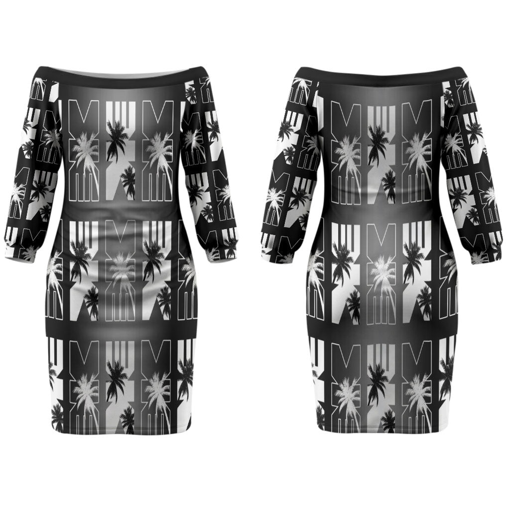 Bula Fiji Couples Matching Off The Shoulder Long Sleeve Dress and Long Sleeve Button Shirt Black Makare Masi Tapa Pattern LT05 - Polynesian Pride