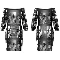 Bula Fiji Couples Matching Off The Shoulder Long Sleeve Dress and Long Sleeve Button Shirt Black Makare Masi Tapa Pattern LT05 - Polynesian Pride