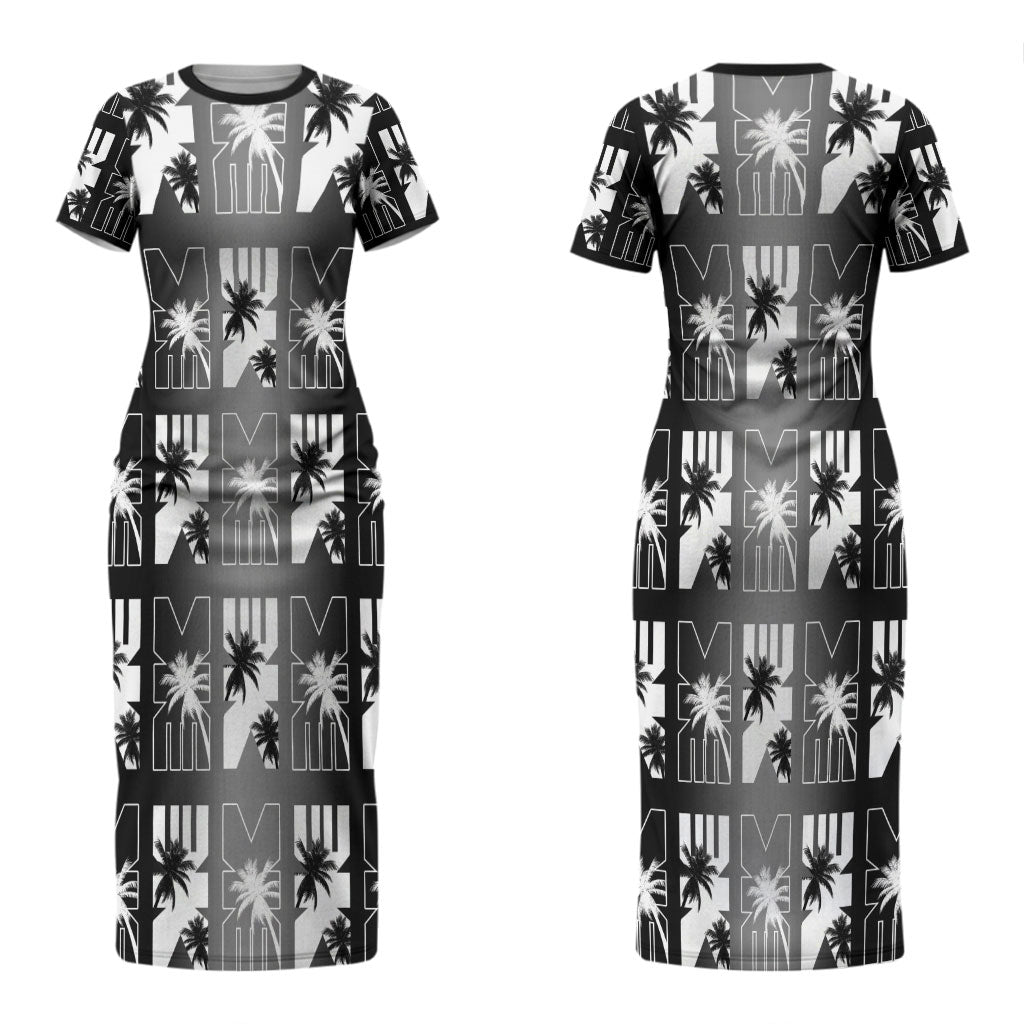 Bula Fiji Couples Matching Short Sleeve Bodycon Dress and Long Sleeve Button Shirt Black Makare Masi Tapa Pattern LT05 - Polynesian Pride
