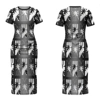 Bula Fiji Couples Matching Short Sleeve Bodycon Dress and Long Sleeve Button Shirt Black Makare Masi Tapa Pattern LT05 - Polynesian Pride