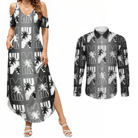 Bula Fiji Couples Matching Summer Maxi Dress and Long Sleeve Button Shirt Black Makare Masi Tapa Pattern LT05 Black - Polynesian Pride