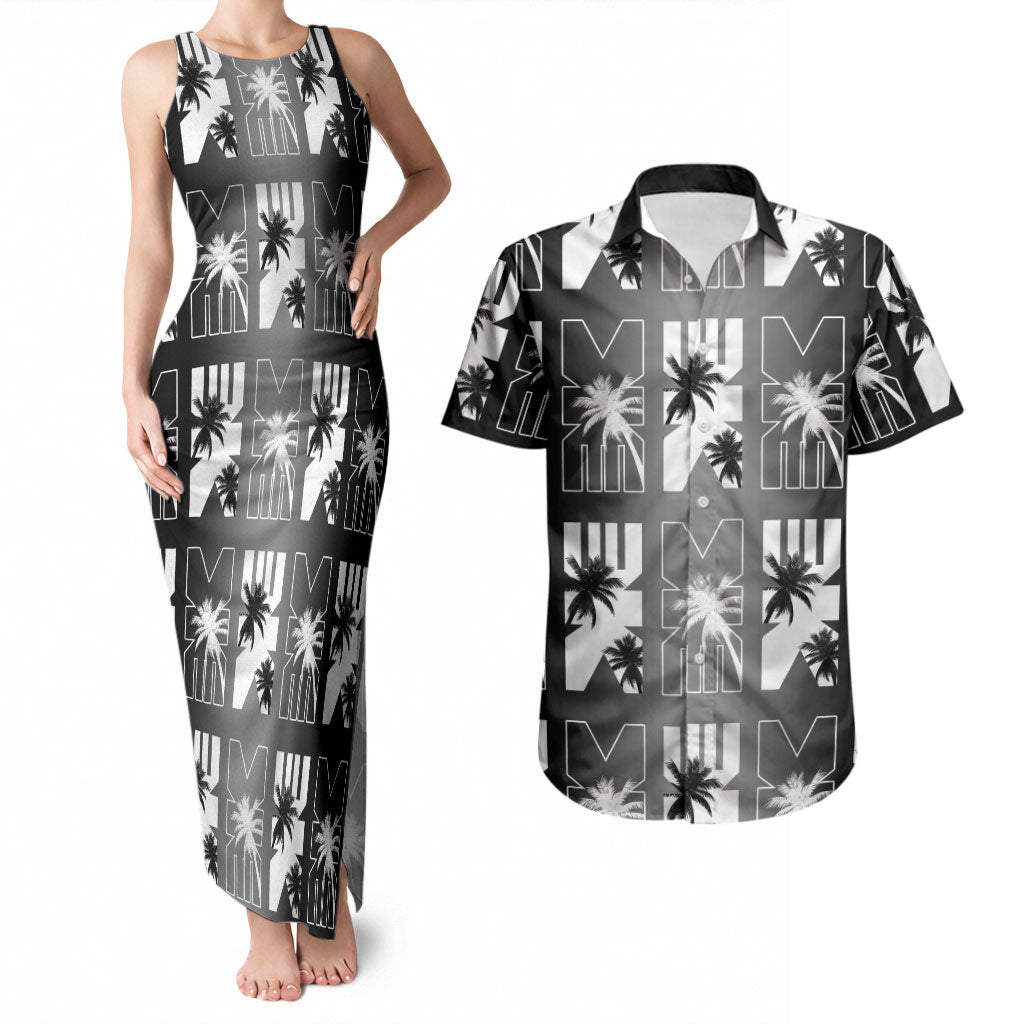 Bula Fiji Couples Matching Tank Maxi Dress and Hawaiian Shirt Black Makare Masi Tapa Pattern LT05 Black - Polynesian Pride