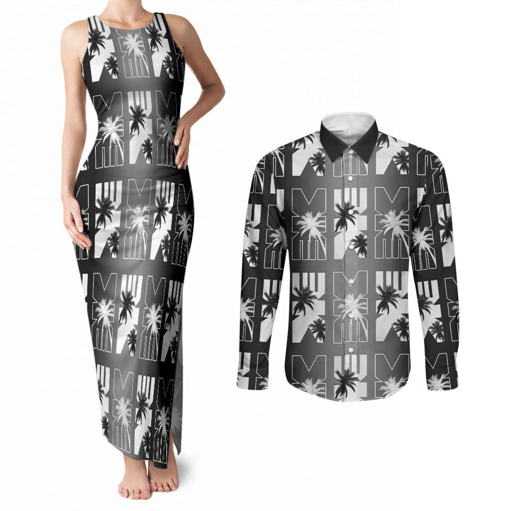 Bula Fiji Couples Matching Tank Maxi Dress and Long Sleeve Button Shirt Black Makare Masi Tapa Pattern LT05 Black - Polynesian Pride
