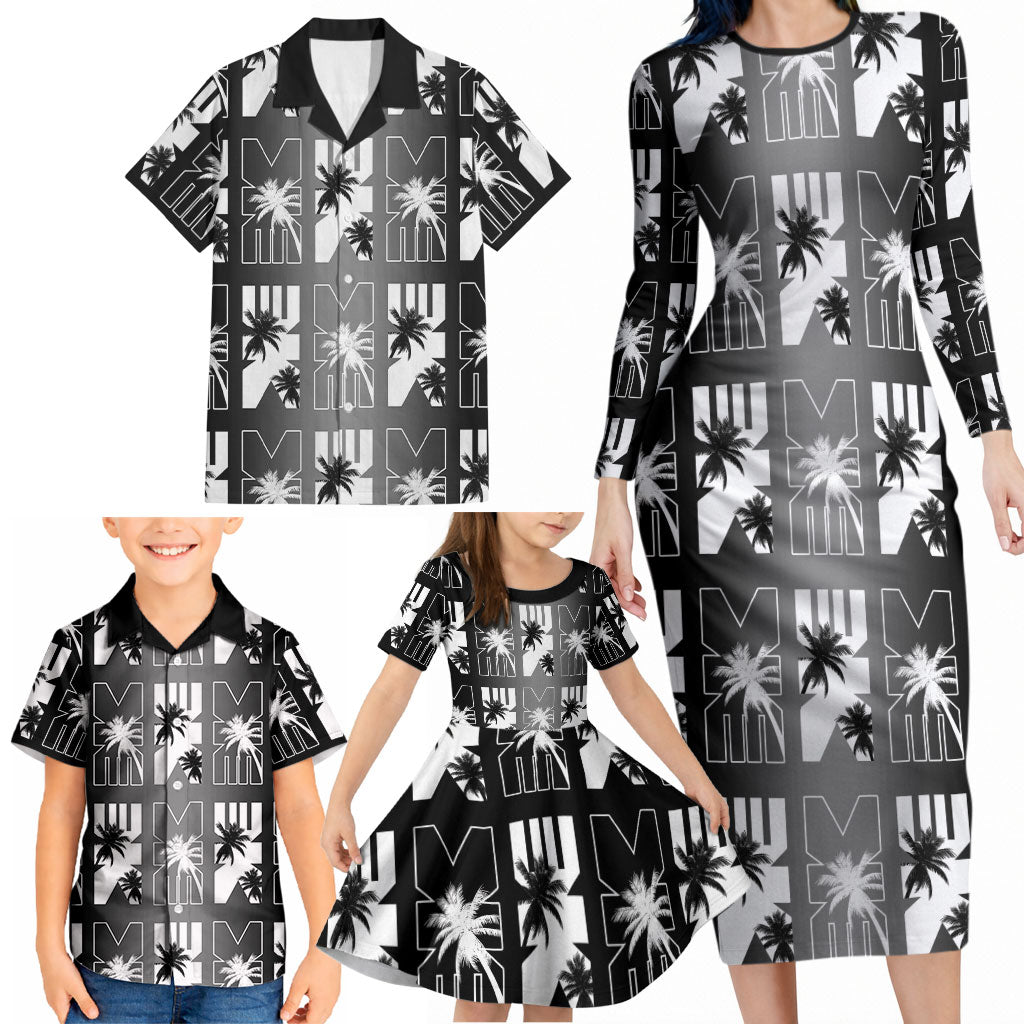 Bula Fiji Family Matching Long Sleeve Bodycon Dress and Hawaiian Shirt Black Makare Masi Tapa Pattern LT05 - Polynesian Pride