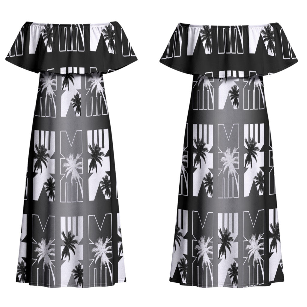 Bula Fiji Family Matching Off Shoulder Maxi Dress and Hawaiian Shirt Black Makare Masi Tapa Pattern LT05 Mom's Dress Black - Polynesian Pride