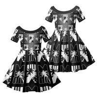 Bula Fiji Family Matching Puletasi and Hawaiian Shirt Black Makare Masi Tapa Pattern LT05 Daughter's Dress Black - Polynesian Pride