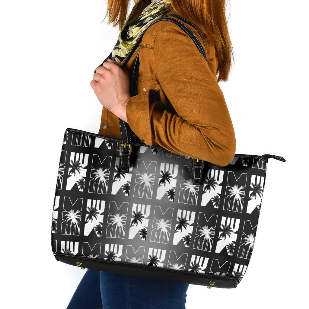 Bula Fiji Leather Tote Bag Black Makare Masi Tapa Pattern LT05 Black - Polynesian Pride