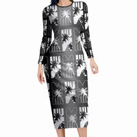 Bula Fiji Long Sleeve Bodycon Dress Black Makare Masi Tapa Pattern LT05 Long Dress Black - Polynesian Pride