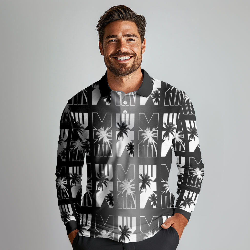 Bula Fiji Long Sleeve Polo Shirt Black Makare Masi Tapa Pattern LT05 - Polynesian Pride