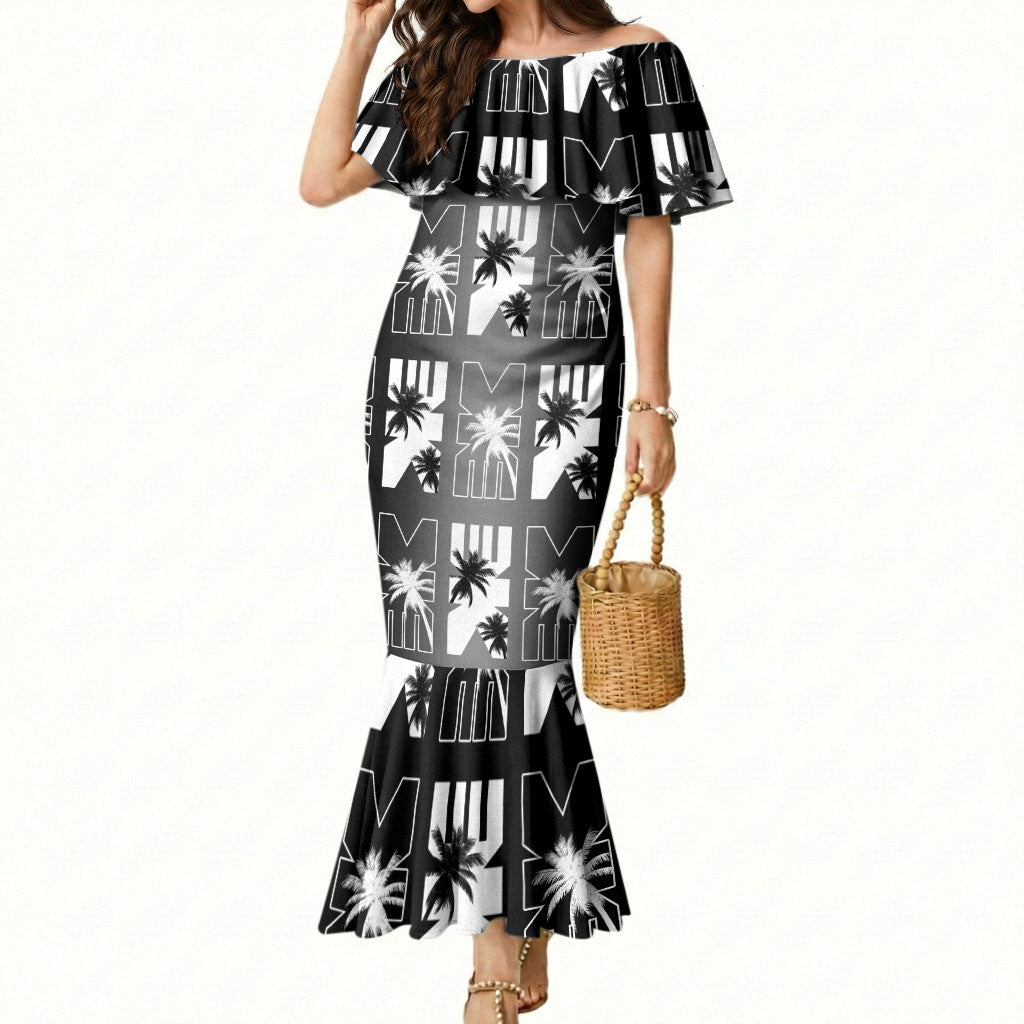 Bula Fiji Mermaid Dress Black Makare Masi Tapa Pattern LT05 Women Black - Polynesian Pride