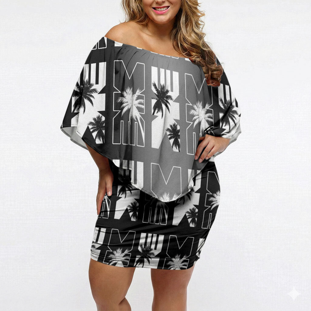 Bula Fiji Off Shoulder Short Dress Black Makare Masi Tapa Pattern LT05 Women Black - Polynesian Pride