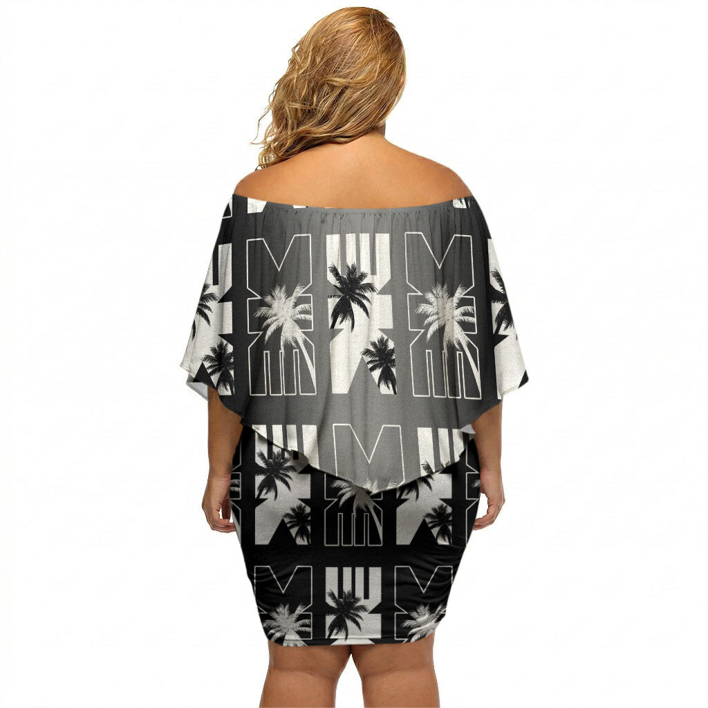 Bula Fiji Off Shoulder Short Dress Black Makare Masi Tapa Pattern LT05 - Polynesian Pride