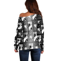 Bula Fiji Off Shoulder Sweater Black Makare Masi Tapa Pattern LT05 - Polynesian Pride