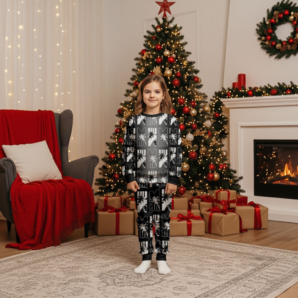 Bula Fiji Christmas Pajama Set Black Makare Masi Tapa Pattern LT05 Kid Black - Polynesian Pride