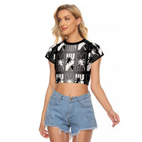 Bula Fiji Raglan Cropped T Shirt Black Makare Masi Tapa Pattern LT05 Female Black - Polynesian Pride