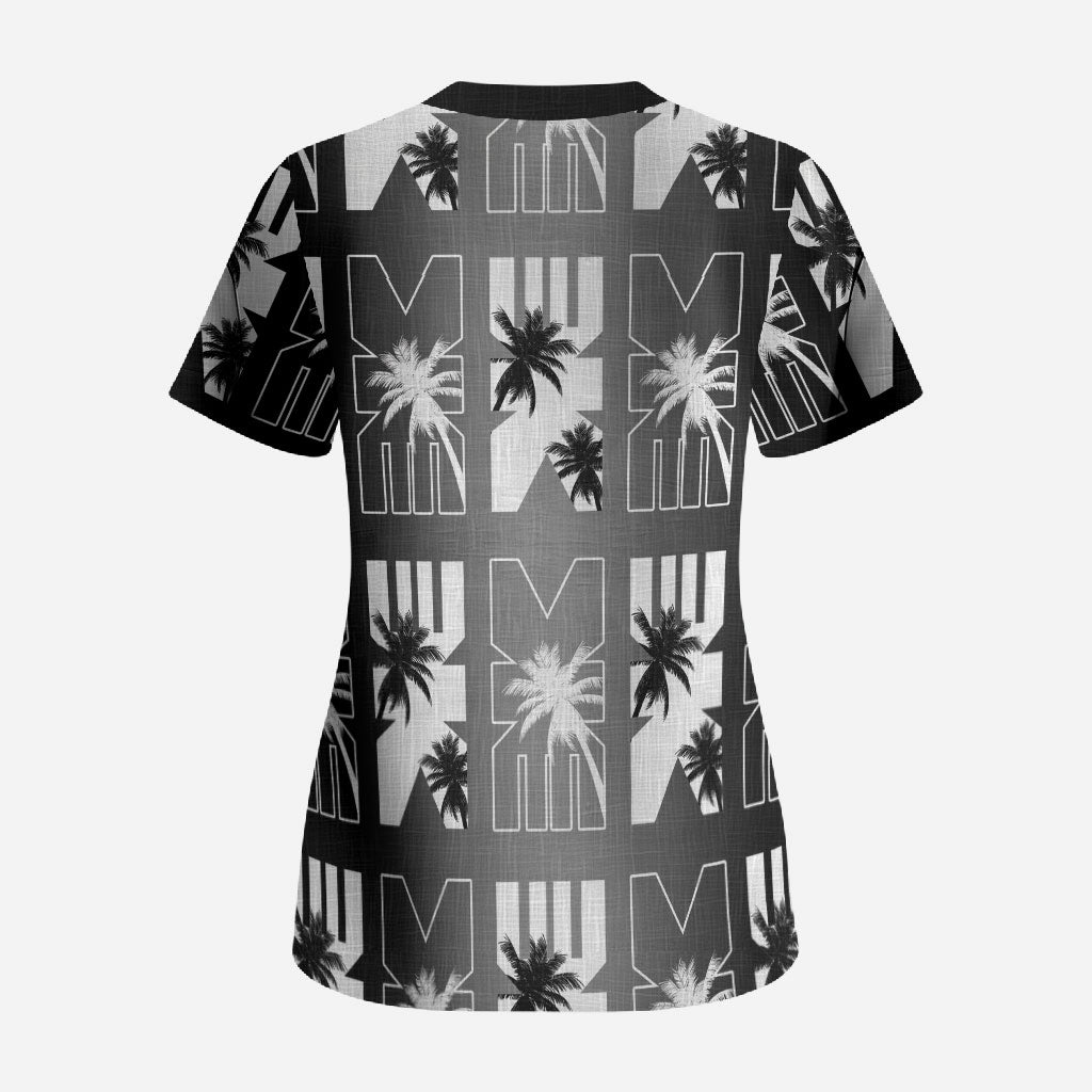 Bula Fiji Scrub Top Black Makare Masi Tapa Pattern LT05 - Polynesian Pride
