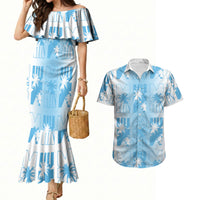 Bula Fiji Couples Matching Mermaid Dress and Hawaiian Shirt White Makare Masi Tapa Pattern LT05 White - Polynesian Pride