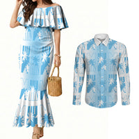 Bula Fiji Couples Matching Mermaid Dress and Long Sleeve Button Shirt White Makare Masi Tapa Pattern LT05 White - Polynesian Pride