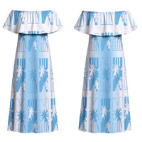 Bula Fiji Couples Matching Off Shoulder Maxi Dress and Hawaiian Shirt White Makare Masi Tapa Pattern LT05 - Polynesian Pride