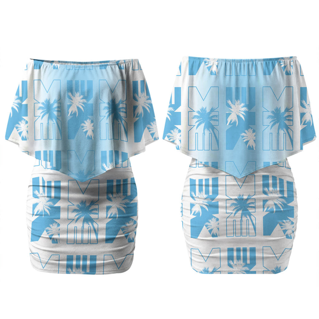 Bula Fiji Couples Matching Off Shoulder Short Dress and Long Sleeve Button Shirt White Makare Masi Tapa Pattern LT05 - Polynesian Pride