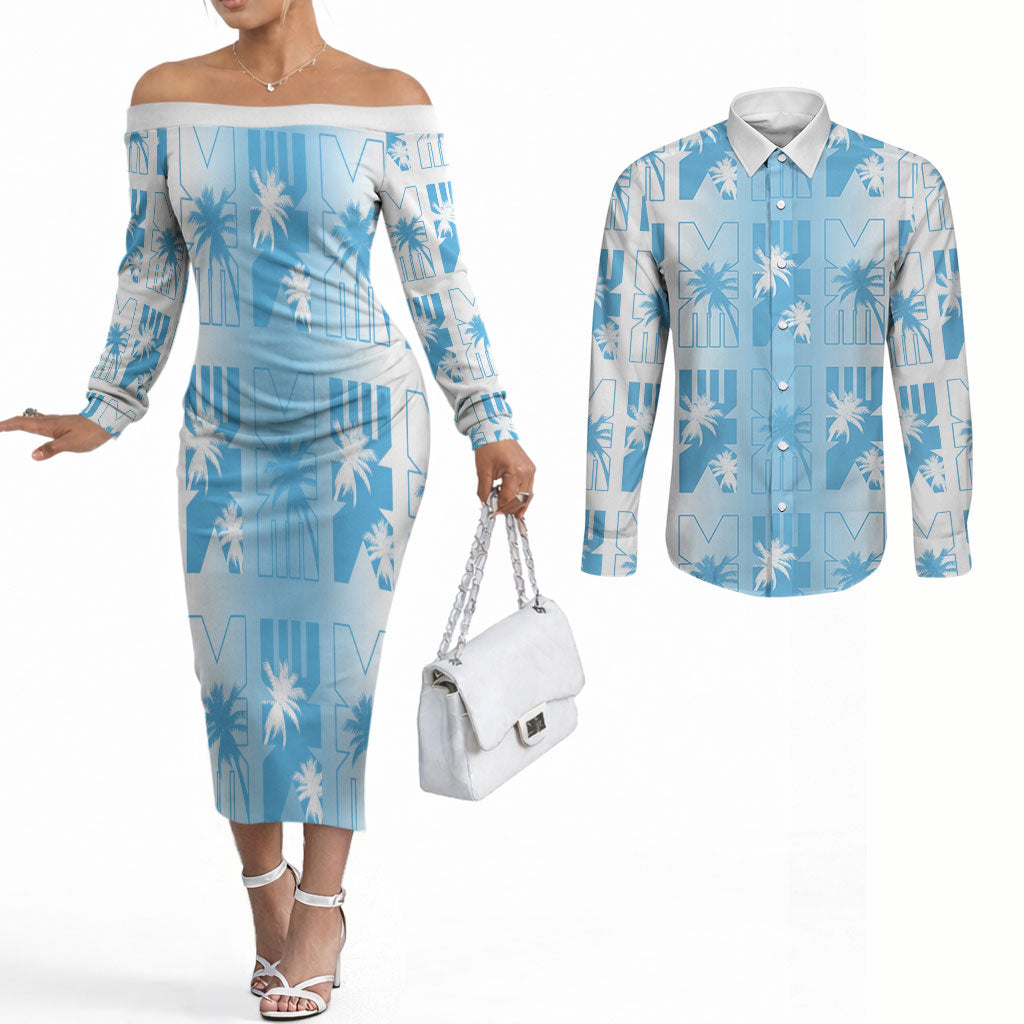 Bula Fiji Couples Matching Off The Shoulder Long Sleeve Dress and Long Sleeve Button Shirt White Makare Masi Tapa Pattern LT05 White - Polynesian Pride