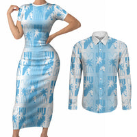 Bula Fiji Couples Matching Short Sleeve Bodycon Dress and Long Sleeve Button Shirt White Makare Masi Tapa Pattern LT05 White - Polynesian Pride