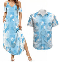 Bula Fiji Couples Matching Summer Maxi Dress and Hawaiian Shirt White Makare Masi Tapa Pattern LT05 White - Polynesian Pride