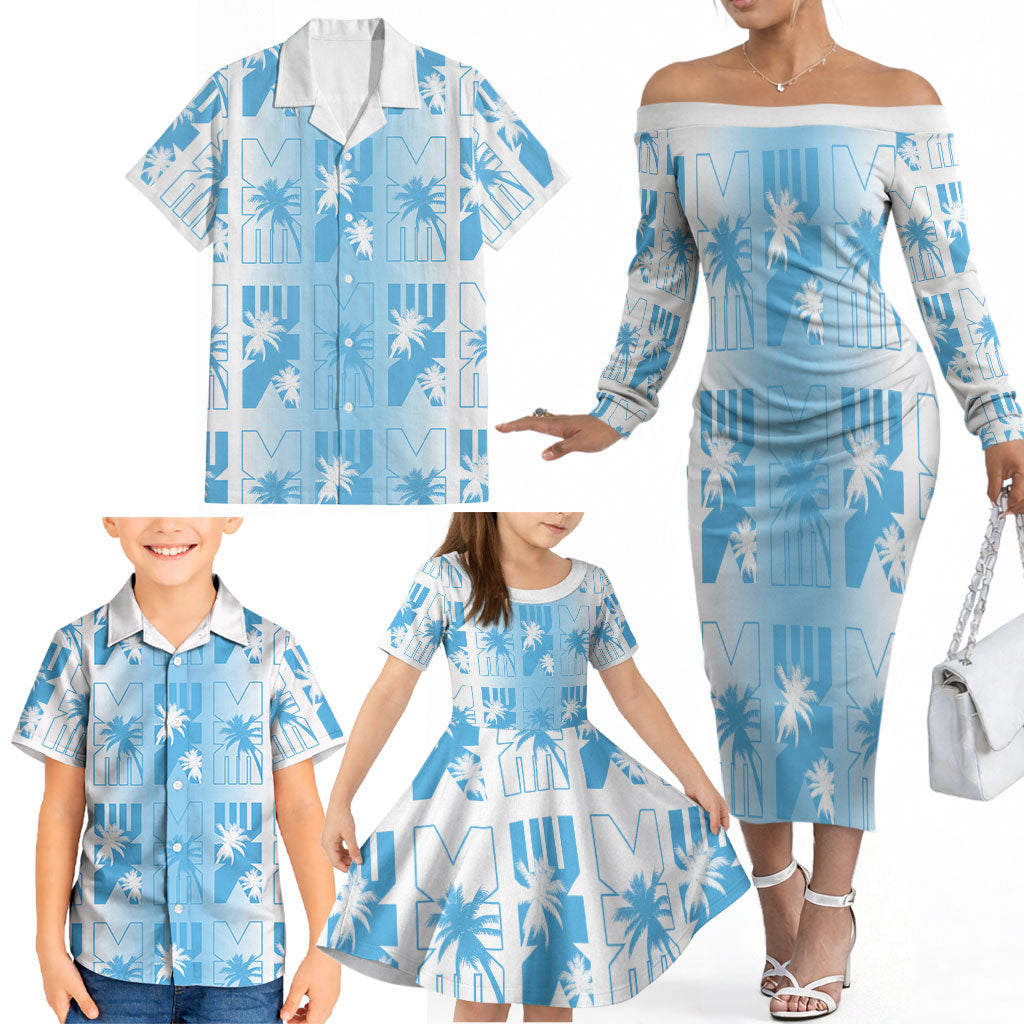 Bula Fiji Family Matching Off The Shoulder Long Sleeve Dress and Hawaiian Shirt White Makare Masi Tapa Pattern LT05 - Polynesian Pride