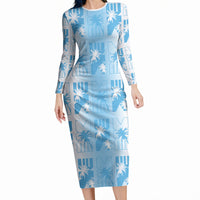 Bula Fiji Long Sleeve Bodycon Dress White Makare Masi Tapa Pattern LT05 Long Dress White - Polynesian Pride