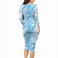 Bula Fiji Long Sleeve Bodycon Dress White Makare Masi Tapa Pattern LT05 - Polynesian Pride