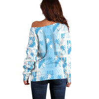 Bula Fiji Off Shoulder Sweater White Makare Masi Tapa Pattern LT05 - Polynesian Pride