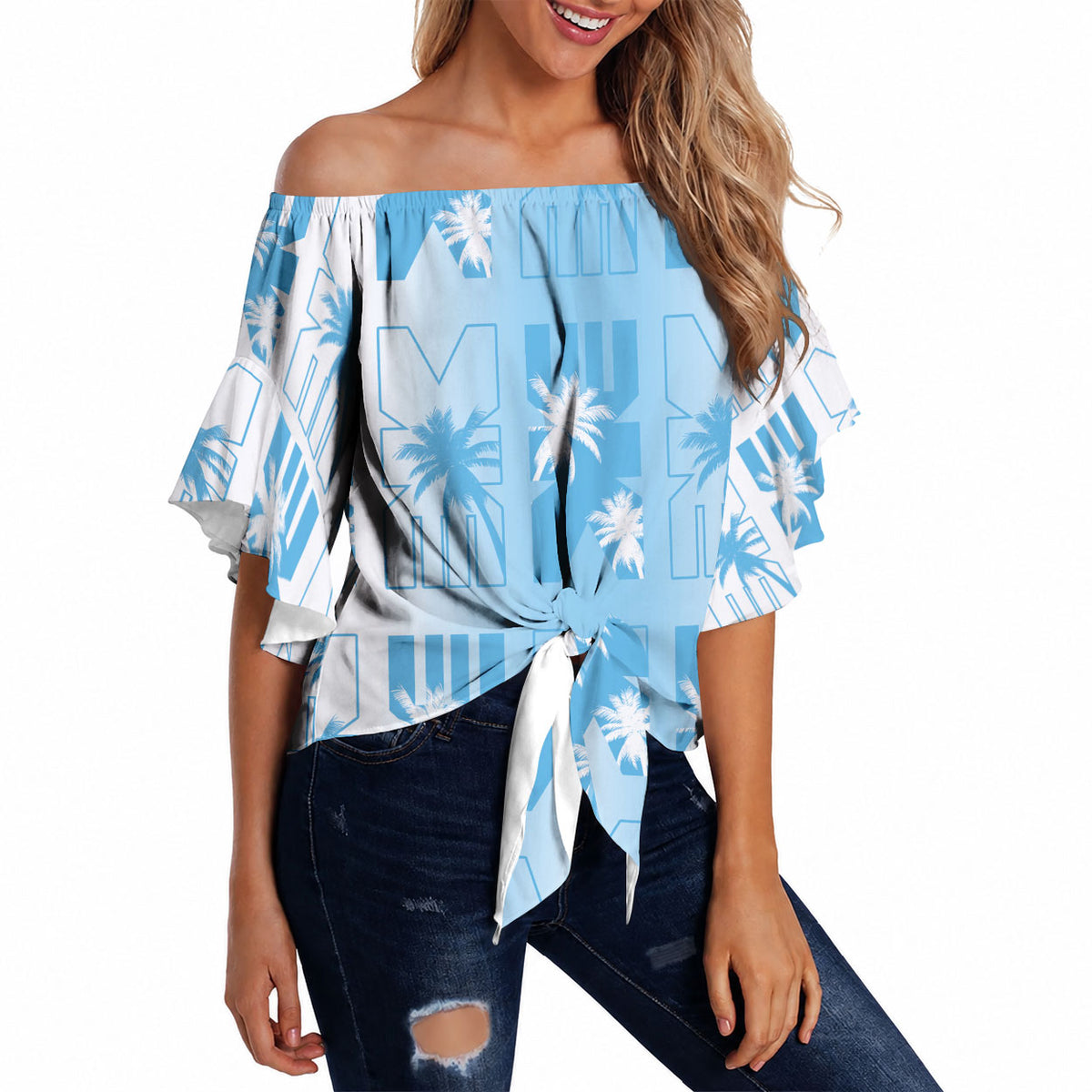Bula Fiji Off Shoulder Wrap Waist Top White Makare Masi Tapa Pattern LT05 White - Polynesian Pride
