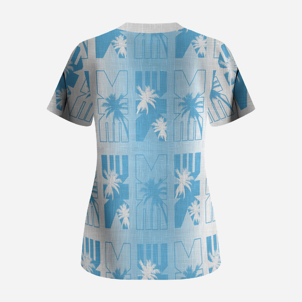 Bula Fiji Scrub Top White Makare Masi Tapa Pattern LT05 - Polynesian Pride