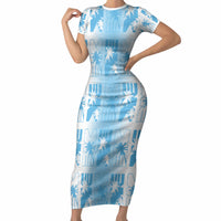 Bula Fiji Short Sleeve Bodycon Dress White Makare Masi Tapa Pattern LT05 Long Dress White - Polynesian Pride