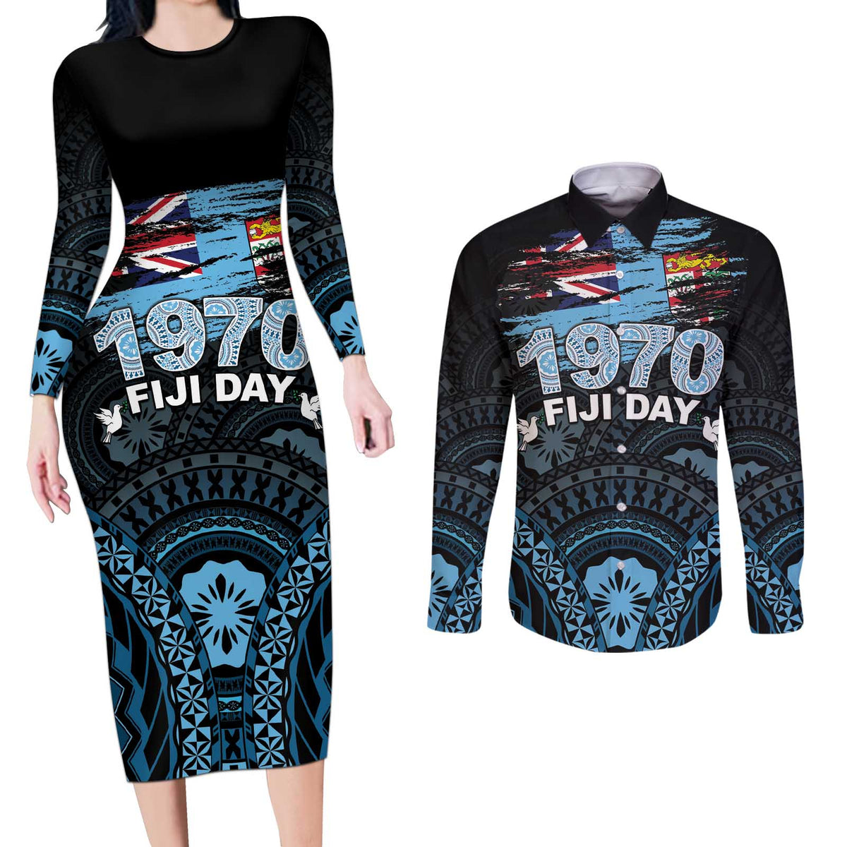 Personalised Happy Fiji Day 1970 Couples Matching Long Sleeve Bodycon Dress and Long Sleeve Button Shirt Flag Grunge Style LT05 Black - Polynesian Pride