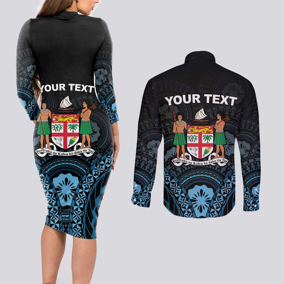 Personalised Happy Fiji Day 1970 Couples Matching Long Sleeve Bodycon Dress and Long Sleeve Button Shirt Flag Grunge Style LT05 - Polynesian Pride