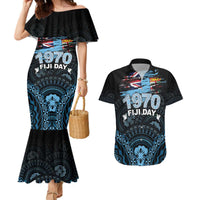 Personalised Happy Fiji Day 1970 Couples Matching Mermaid Dress and Hawaiian Shirt Flag Grunge Style LT05 Black - Polynesian Pride