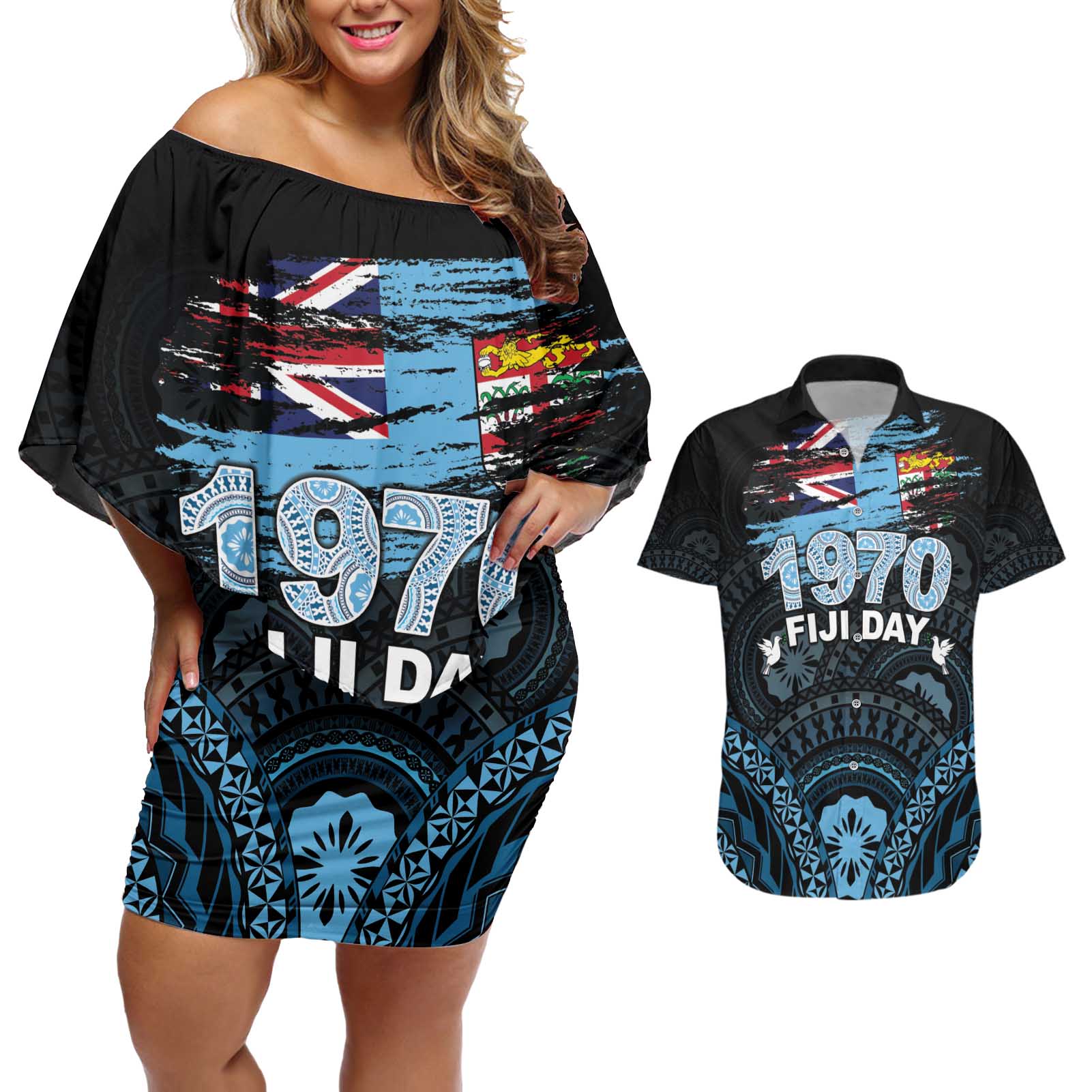 Personalised Happy Fiji Day 1970 Couples Matching Off Shoulder Short Dress and Hawaiian Shirt Flag Grunge Style