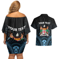 Personalised Happy Fiji Day 1970 Couples Matching Off Shoulder Short Dress and Hawaiian Shirt Flag Grunge Style LT05 - Polynesian Pride