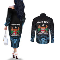 Personalised Happy Fiji Day 1970 Couples Matching Off The Shoulder Long Sleeve Dress and Long Sleeve Button Shirt Flag Grunge Style LT05 - Polynesian Pride