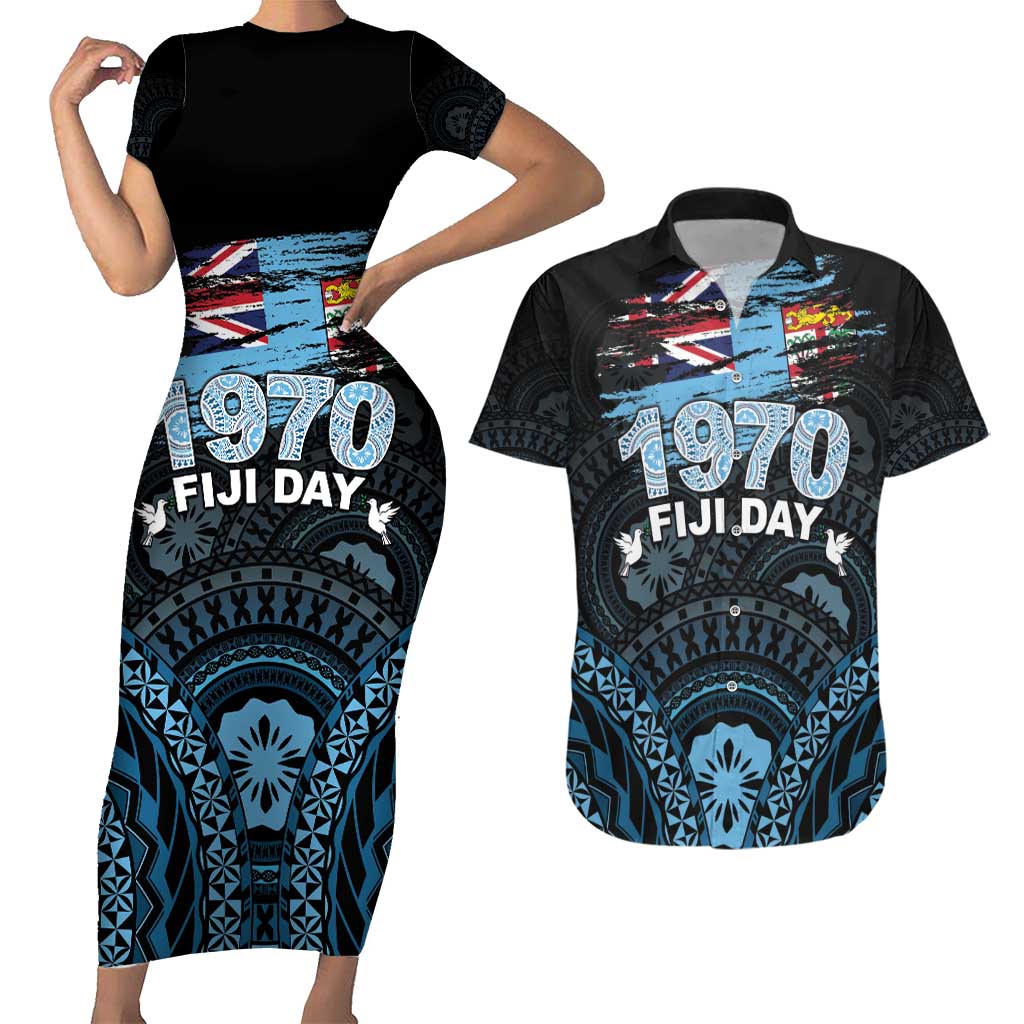 Personalised Happy Fiji Day 1970 Couples Matching Short Sleeve Bodycon Dress and Hawaiian Shirt Flag Grunge Style