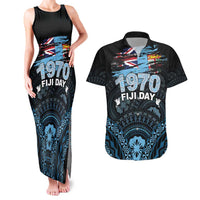 Personalised Happy Fiji Day 1970 Couples Matching Tank Maxi Dress and Hawaiian Shirt Flag Grunge Style LT05 Black - Polynesian Pride