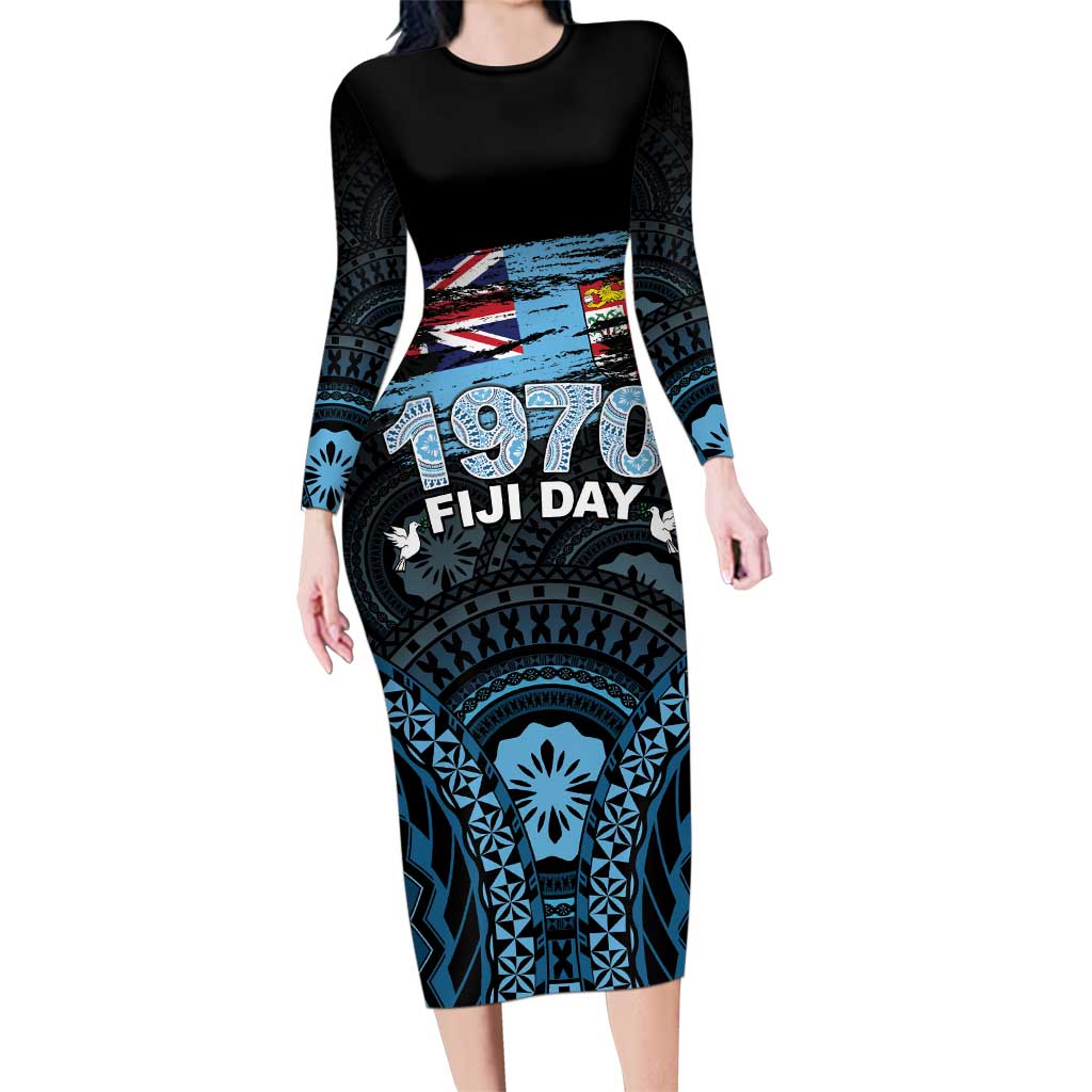 Personalised Happy Fiji Day 1970 Family Matching Long Sleeve Bodycon Dress and Hawaiian Shirt Flag Grunge Style LT05 Mom's Dress Black - Polynesian Pride