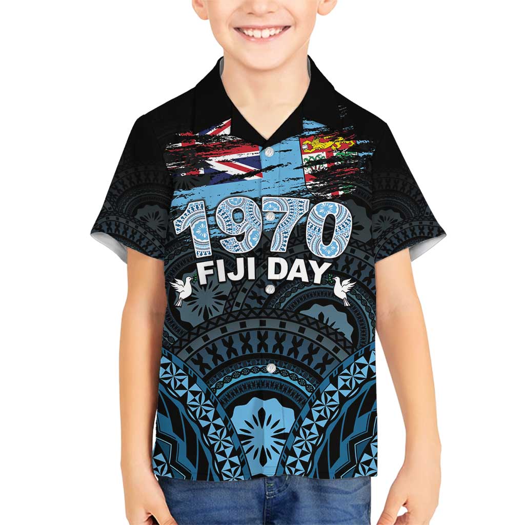 Personalised Happy Fiji Day 1970 Family Matching Long Sleeve Bodycon Dress and Hawaiian Shirt Flag Grunge Style LT05 Son's Shirt Black - Polynesian Pride