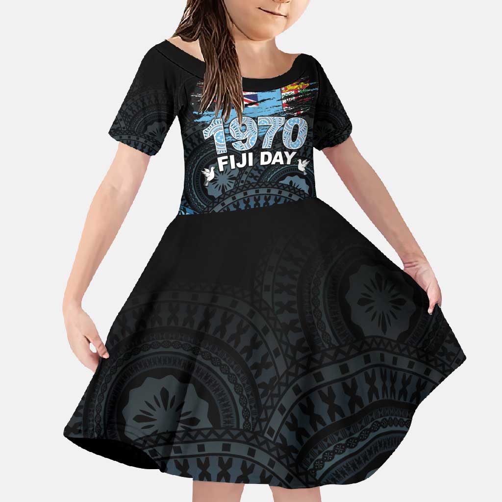 Personalised Happy Fiji Day 1970 Family Matching Mermaid Dress and Hawaiian Shirt Flag Grunge Style LT05 Daughter's Dress Black - Polynesian Pride